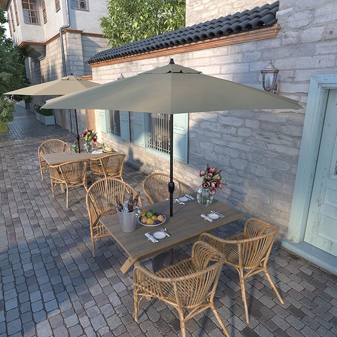 California Umbrella 9' Round Aluminum Outdoor Deck, Pool or Patio Umbrella, Crank Lift, Auto Tilt, Bronze Pole, Champagne Olefin