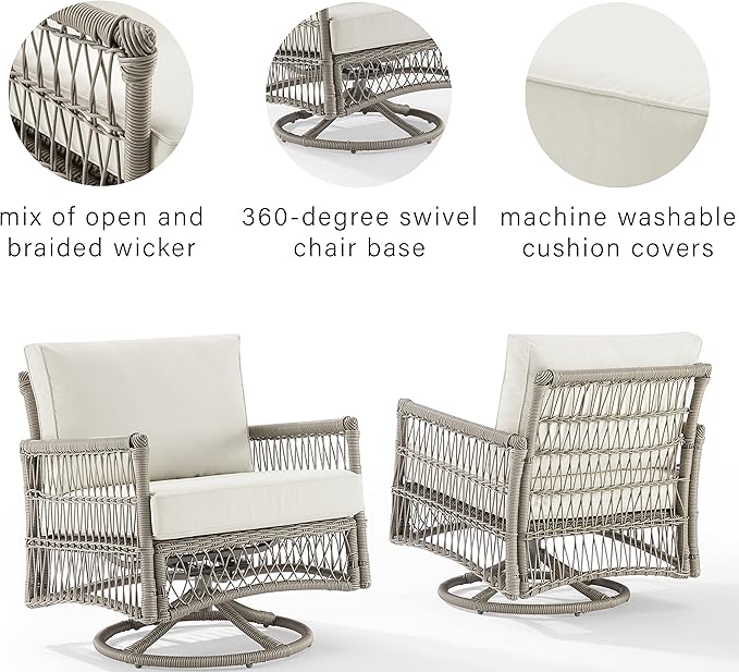 Crosley Furniture Thatcher 2-Piece Swivel Rocker Outdoor Chair Set, Wicker Patio Chairs for Porch, Deck, Driftwood with Creme Cushions
