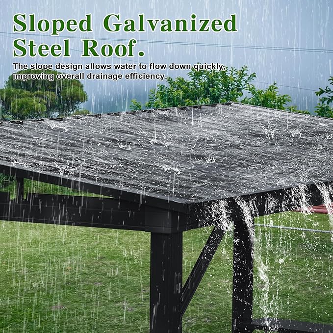 Domi 6.5x12FT Hardtop Grill Gazebo, Outdoor BBQ Gazebo with 2 Side Shelves and Sloping Galvanized Steel Roof, Metal Permanent Grill Canopy with Ceiling Hooks for Patio, Lawn, Backyard, Deck, Gray