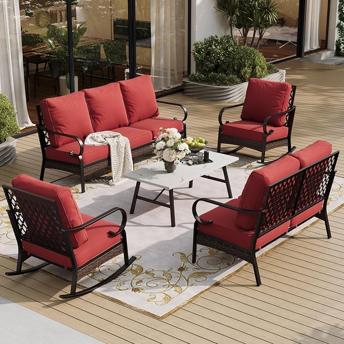 SUNSHINE VALLEY 5 Piece Metal Outdoor Patio Furniture Set, Patio Conversation Set with 3-Seater Sofa, Loveseat, 2 Rocking Sofa (5.75" Thick Cushion) & Coffee Table Black Backyard Furniture, Rust Red