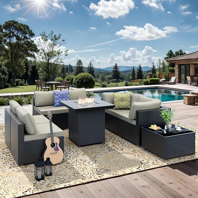 Patio Furniture Set with Fire Pit, All-Weather Outdoor Sectional Patio Furniture Set Including 7-Seated Sofa, 28" Gas Fire Pit Table,Coffee Table for Any Patio,Light Grey