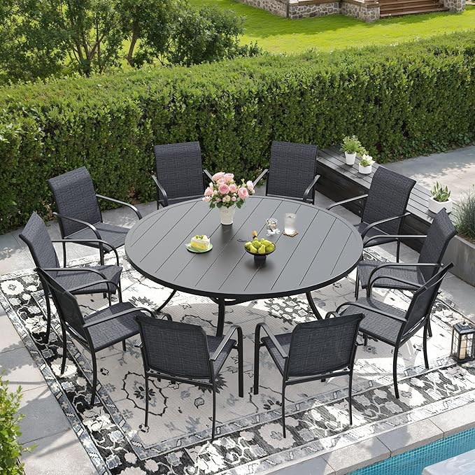 DIFY 11 Pieces Outdoor Patio Dining Set for 10, 60" Black Round Metal Dining Table and 10 Grey Stackable Sling Dining Chairs, Outdoor Table and Chairs for Lawn Garden Backyard Deck