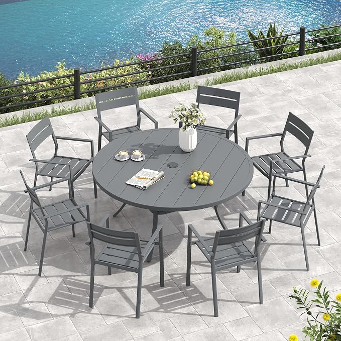 VICLLAX 60" Round Patio Table, Outdoor Dining Table for 8-10 with Umbrella Hole for Garden Lawn Deck Backyard, Dark Grey