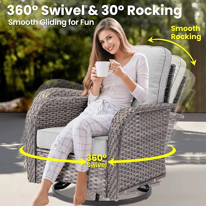 ovios 5 Pieces Patio Furniture Set, Outdoor Wicker Sofa Couch with Swivel Glider Chairs Solar Lights Table, Modern Deep Seat Rattan Conversation Sets for Deck Porch, Grey