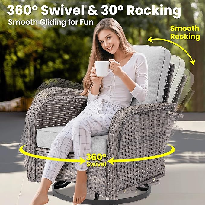ovios 10 Pieces Patio Furniture Set, Outdoor Wicker Sofa Couch with Rocking Swivel Chairs Solar Light Table Fire Pit, Modern Deep Seat Rattan Conversation Sets, Grey