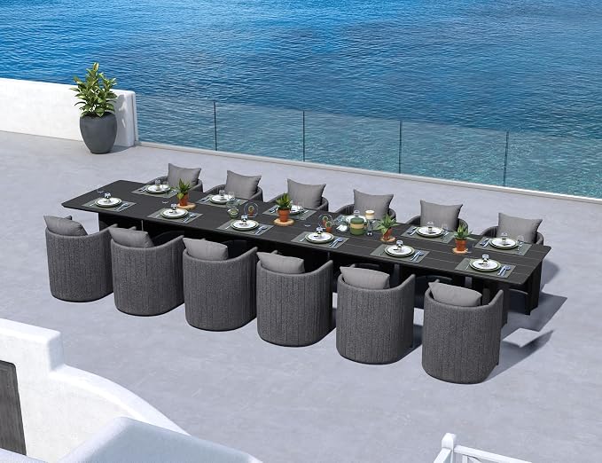 PURPLE LEAF 189-Inch Aluminum Patio Dining Set for Grand Party Hosts, 13-Piece Outdoor Dining Table and Chairs with Sun-Resistant Olefin Cushions for Backyard Dinner Parties and Poolside Hosting Grey