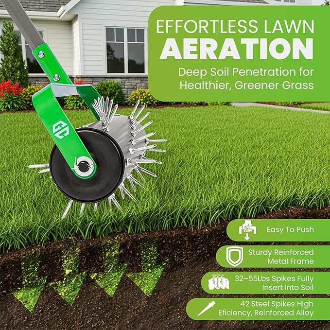 GrdnCare Rolling Lawn Aerator Tool, Heavy-Duty Manual Aerator Lawn Tool - 42 Spike Aerator Lawn Tool with 71" Adjustable Handle for Compact Soil -Push Soil Penetrator for Farm Care & Garden Yard Patio