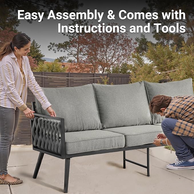Weaxty Modern Patio Furniture Set 6 Piece, Rope Outdoor Patio Conversation Sets Sectional Sofa Swivel Chairs Table Ottoman, All Weather Metal Balcony Furniture for Backyard Garden, Light Grey