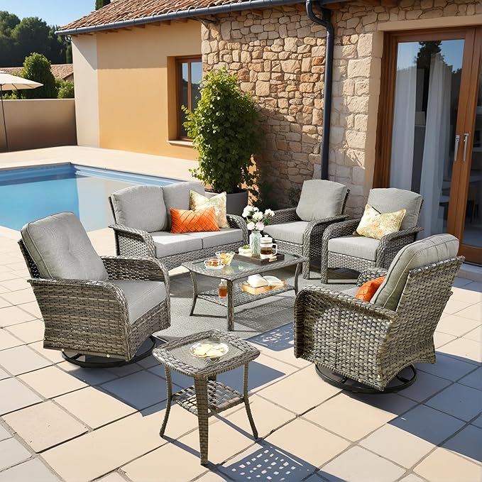 7 Pieces Outdoor Patio Furniture Set with Coffee Table, All Weather Wicker Patio Conversation Sets with Rocking Chairs, Balcony Furniture Sets for Backyard, Garden, Poolside, Dark Grey