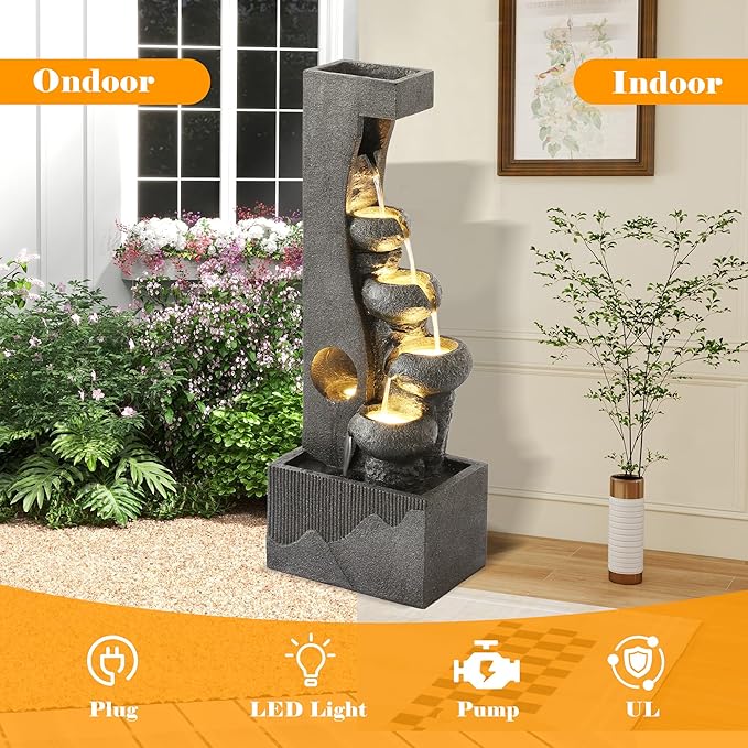 Outdoor Water Fountain and Waterfalls, 5-Tier Cascading Large Water Feature with LED Lgihts, 39" Modern Indoor Floor-Standing Bowl Garden Fountain for Yard, Patio, Porch