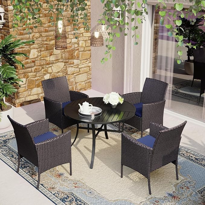 MFSTUDIO 5 Pieces Patio Dining Set, Patio Table and Chairs for 4, Outdoor 42" Round Table with Wicker Chairs, Patio Dininig Furniture Set Wicker, Backyard, Porch