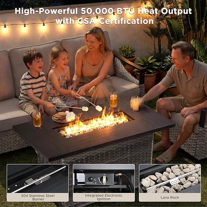 Wicker Patio Furniture Set with 42.5" Fire Pit Table-4 Pieces All Weather Wicker Outdoor Furniture with High Back Swivel Patio Chairs Set of 2 Outdoor Couch for Deck Balcony Backyard Beige/Gray