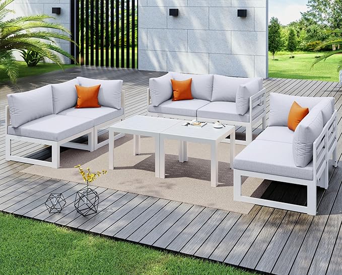 NICESOUL 8 Piece Large Luxury Aluminum Patio Conversation Set, 29" Deep Wide Comfortable Sitting, L Shaped Modular Sectional Couch, 500 lbs Heavy Duty All Weather Outdoor Sofa for Backyard, Light Gray
