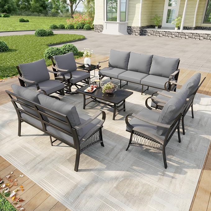 8 Pieces Patio Furniture Set, Metal Outdoor Conversation Sets with Swivel Chairs, Modern Couch Sofa Seating Group with Coffee Table and Side Table (Thick Gray Cushions)
