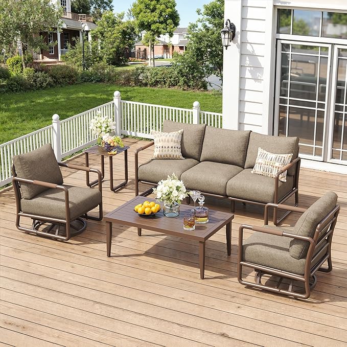 5-Piece Outdoor Aluminum Patio Furniture Set, All-Weather Patio Conversation Set with 2 Swivel Rocking Chairs, 3-Seat Sofa & Rectangular Coffee Table for Pool, Garden, Balcony – Brown