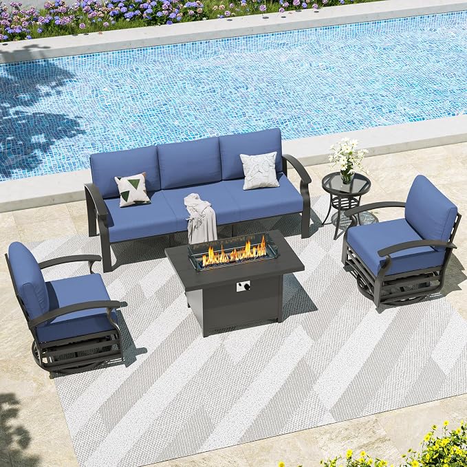 Kullavik Aluminum Patio Furniture Set,5 Piece Modern Metal Outdoor Patio Furniture w/5.1'' Thick Cushion,Swivel Chairs and 45" Propane Fire Pit Table,Patio Conversation Sets for Porch,Deck,NavyBlue
