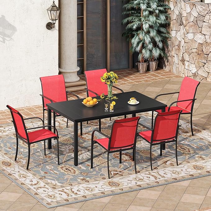 VICLLAX 7 Pieces Patio Outdoor Dining Set, 63" Rectangular Metal Dining Table with Umbrella Hole and 6 Stackable Textilene Chairs for Lawn, Garden, Porch, Black/Red