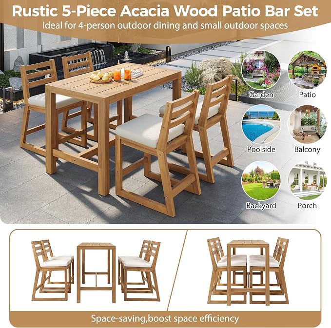 WILLIAMSPACE 51.9" 5-Piece Outdoor Bar Table Set, Patio Acacia Wood Bar Height Table & 4 Chairs with Cushions, Solid Wood Outdoor Dining Bistro Bar Set for Poolside, Balcony, Backyard (Light Teak)