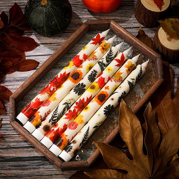 6PCS Thanksgiving Flameless Taper Candles - Fall Maple Leaf Decor, Thanksgiving Decorative Candles with Wax Coating and Autumn Floral Prints Perfect for Table, Party, Banquet