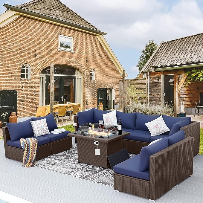 BULEXYARD 9 Piece High Back Outdoor Sectional Couch Set with Fire Pit, Luxury Weather-Resistant Patio Furniture Set, Large Size 8-Person Backyard Seating Group L-Shape for Exterior, Brown & Navy Blue