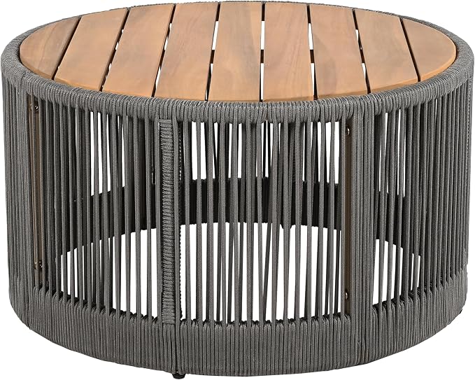 IRONORA 2 Piece Nesting Patio Table Set, Solid Acacia Wood Top Grey Hand-Woven Rope Round Coffee & Side Table, Weather Resistant Hollow Drum Accent Tables for Backyard Balcony Coastal Boho Decor