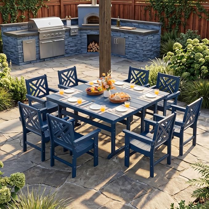 HDPE Outdoor Dining Set,10-Piece Outdoor Table and Chairs Include 8 Dining Chairs and 2 Pcs 62.5" Patio Dining Table with Umbrella Hole (Blue)