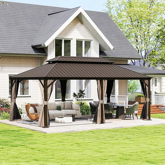 Domi 14' X 20' Hardtop Gazebo, Upgraded Metal Gazebo with Drainage System, Dual-Layer Galvanized Steel Roof, Curtain and Netting, Outdoor Shelter Canopy for Patio, Garden, and Backyard, Brown