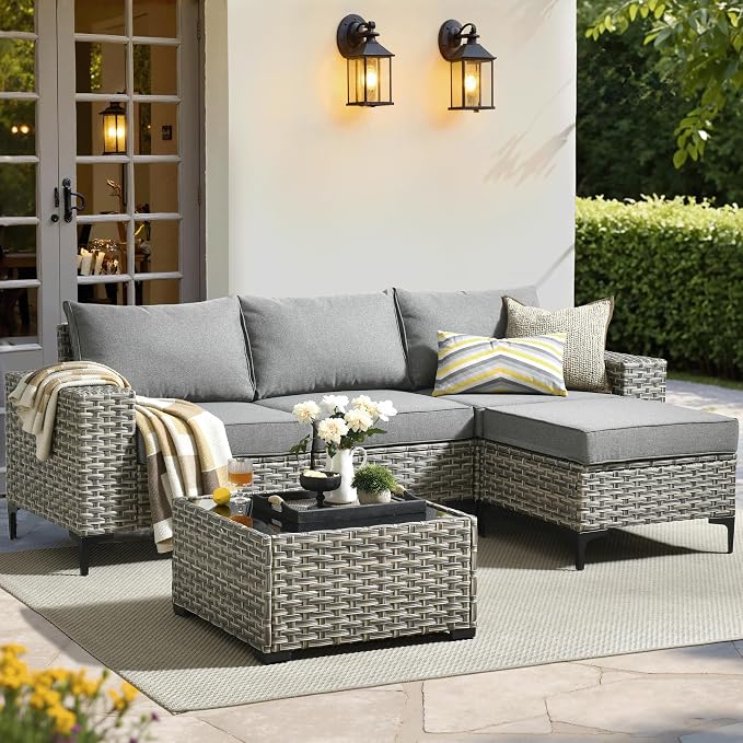 ovios 5-Piece Patio Furniture Set with L-Shape Sofa Chaise, Outdoor Sectional Couch Coffee Table, Modern Modular Wicker Rattan Conversation Set, Dark Grey