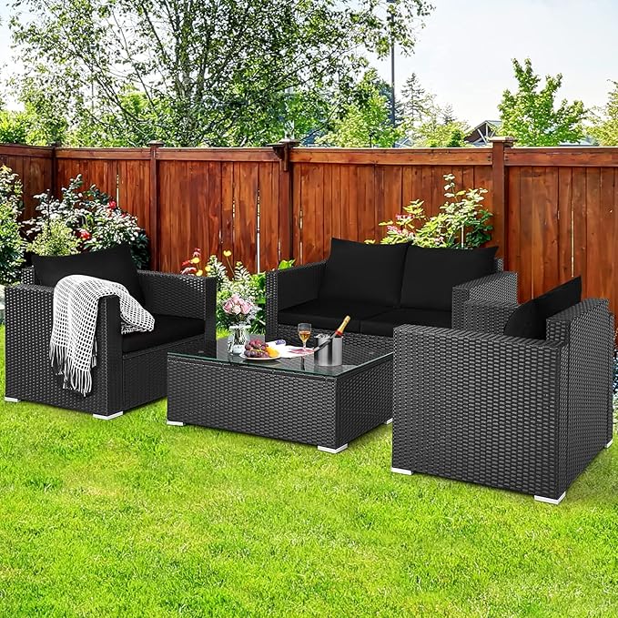 COSTWAY 4-Piece Patio Rattan Furniture Set, Cushioned Sofa Chair, Loveseat and Coffee Table with Tempered Glass Top, Outdoor Conversation Sets for Garden Poolside Balcony Porch (Black)