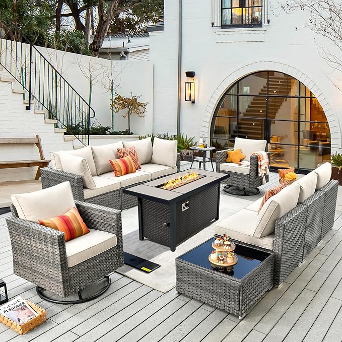 11 Piece Outdoor Patio Furniture Set with 53" Fire Pit Table, Wicker Sectional Conversation Set Whit Swivel Chairs,Modern Outside Sofa for Balcony Backyard(Beige)