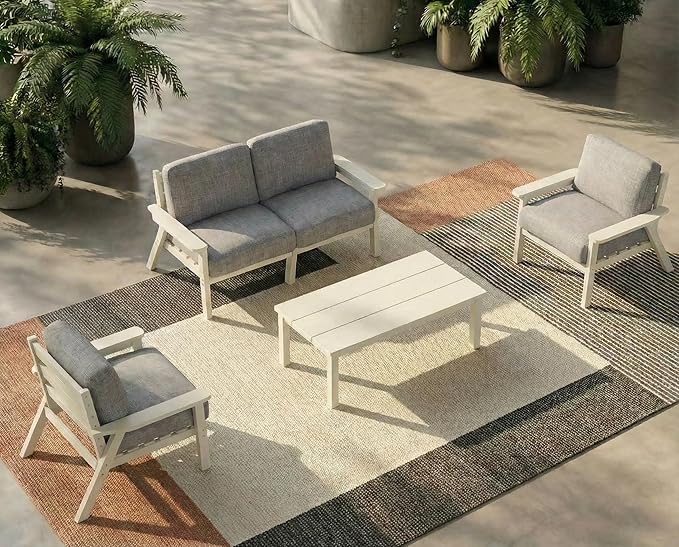 HDPE 5 Piece Patio Furniture Set, Outdoor Sectional Furniture with Grey Washable Thick Cushions & Coffee Table, Patio Conversation Sets for Garden, Porch, Balcony, Deck (White Frame)