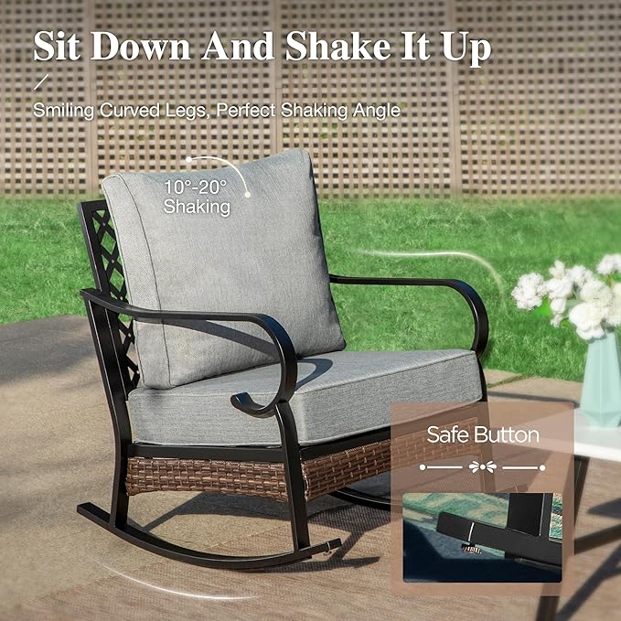 HERA'S HOUSE 5 Piece Metal Patio Furniture Set with 56" Fire Pit Table, All Weather Outdoor Conversation Set, 3 Seat Sofa with Loveseat, 2 Rocking Chair, Seats 7 for Backyard, Garden, Deck, Grey