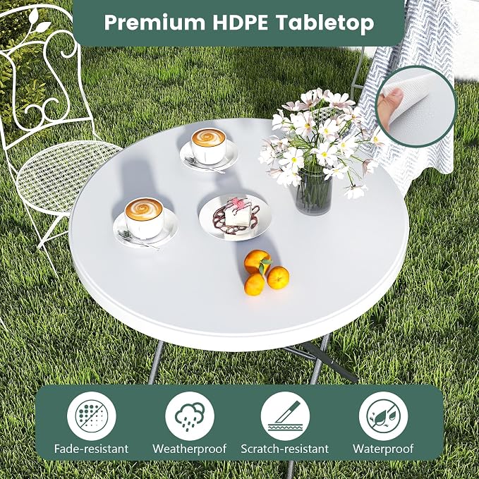 Tangkula 32" Round Folding Table, Portable Picnic Table with All-Weather HDPE Tabletop, Heavy-Duty Metal Frame, Heavy Duty Plastic Outdoor Table for Camping, Dining, BBQ, Party, No Assembly Needed