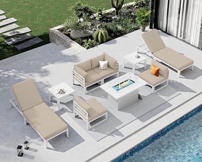 NICESOUL 9 Piece Oversized Modular Aluminum Outdoor Furniture Set with Chaise Lounge, 29" Deep and Wide Sectional Seating, 500 lbs High Weight Capacity Patio Conversation Set for Poolside Deck, Beige