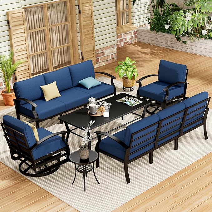 Aluminum Patio Furniture Set with Coffee Table,8 Seats Metal Modern Outdoor Furniture w/5.1" Thick Cushions,Patio Sectional w/Swivel Chairs for Patio,Backyard,Navy