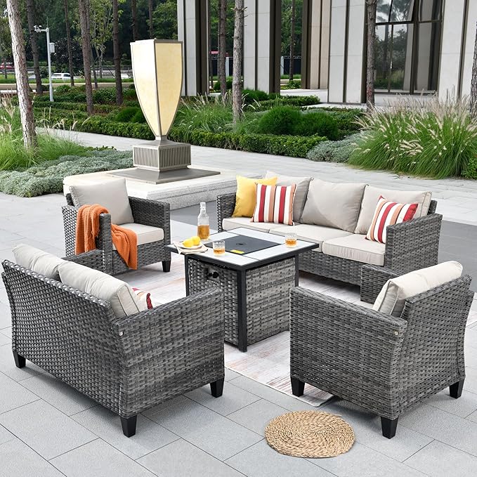 ovios 5 Pieces Patio Furniture Set, Outdoor Wicker Rattan Sofa Couch with 30" Fire Pit Table, Loveseat Chairs, Conversation Sets for Yard Porch Garden, Beige