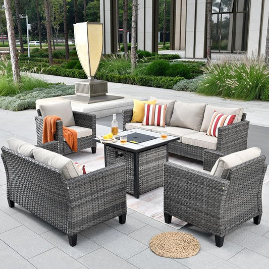 ovios 5 Pieces Patio Furniture Set, Outdoor Wicker Rattan Sofa Couch with 30" Fire Pit Table, Loveseat Chairs, Conversation Sets for Yard Porch Garden, Beige