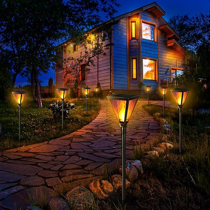 iBaycon 2 Pack 28" Solar Flame Torch Lights, Flickering Flame Garden Lights Outdoor Waterproof, Solar Pathway Light for Yard Lawn Path Landscape Decor
