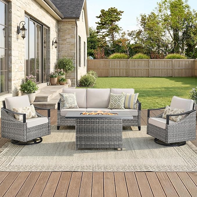 Wicker Patio Furniture Set with 42.5" Fire Pit Table-4 Pieces All Weather Wicker Outdoor Furniture with High Back Swivel Patio Chairs Set of 2 Outdoor Couch for Deck Balcony Backyard Beige/Gray