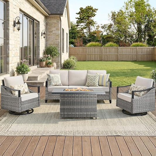 Wicker Patio Furniture Set with 42.5" Fire Pit Table-4 Pieces All Weather Wicker Outdoor Furniture with High Back Swivel Patio Chairs Set of 2 Outdoor Couch for Deck Balcony Backyard Beige/Gray