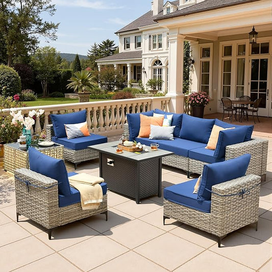 8 Pieces Patio Furniture Set with 42" Fire Pit, All-Weather Rattan Outdoor Sectional Conversation Sets L Shaped Sofas with Solar Light Coffee Table for Porch Balcony Backyard Navy Blue