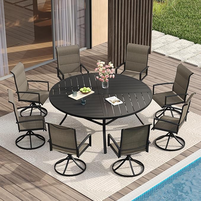 VICLLAX Patio Dining Set for 8, 8 Seats Outdoor Furniture Includes 59.9" Round Patio Table and Swivel Padded Chairs, Black Tabletop and Mixed Brown Fabric