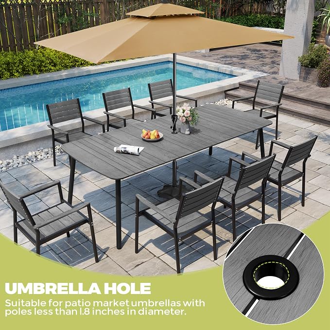 Outdoor Dining Table for 10 Grey 93" Patio Table with Umbrella Hole Rectangle Table with Aluminum Frame and Waterproof Wood-Like Tabletop for Lawn Backyard Garden Poolside
