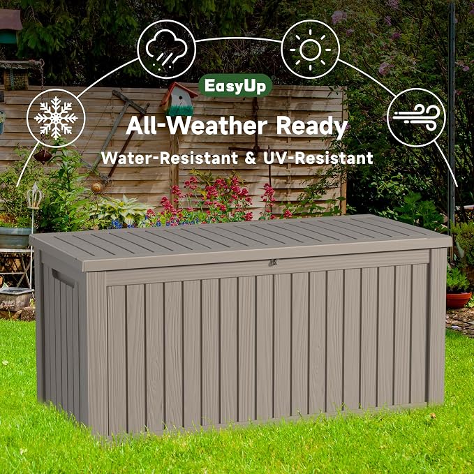EasyUp 181 Gallon Outdoor Storage Box Waterproof, UV Resistant Resin Deck Box with Hydraulic Rod, Reinforced Stability for Patio, Garden, and Pool, Striped Gray