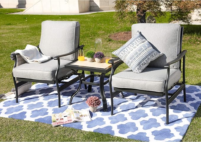 LOKATSE HOME 3 Piece Outdoor Furniture Set with 2 Patio Bistro Conversation Chairs and 21 inch Square Dining Table, Grey