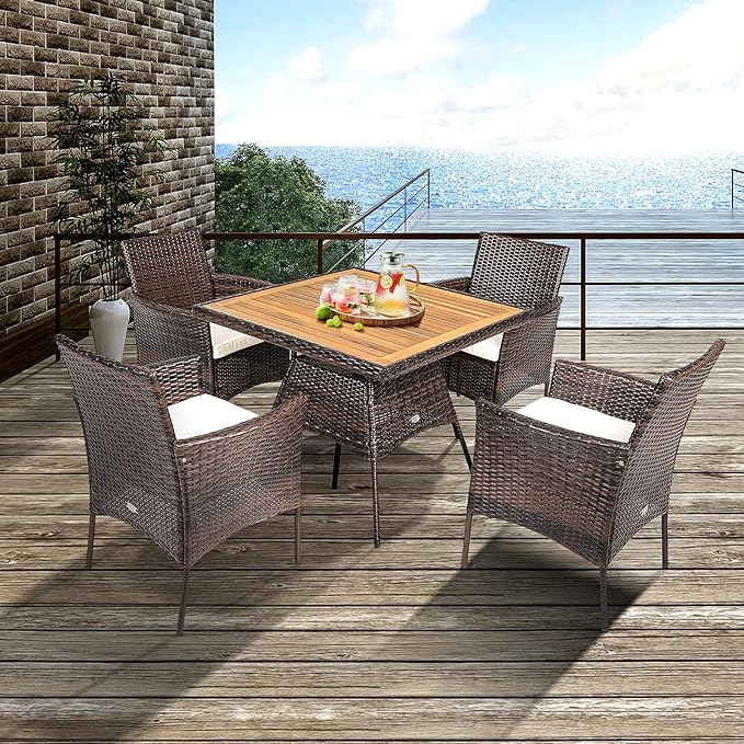 Tangkula 5 Pieces Wicker Patio Dining Set, Outdoor Acacia Wood Dining Furniture with 4 Armrest Chairs & 1 Dining Table, Rattan Conversation Set with Cushions & Umbrella Hole for Backyard Garden Porch