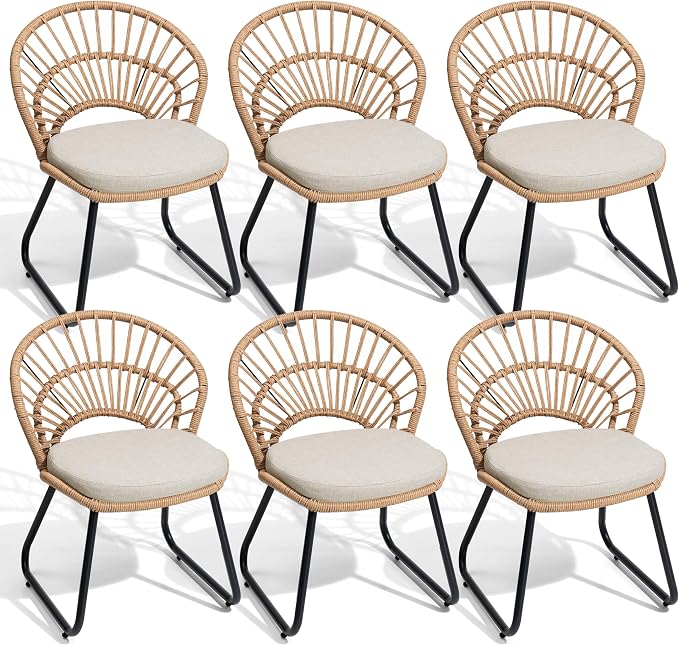 Rattan Patio Dining Chairs Set of 6, Hand-Woven Wicker Outdoor Chair | Shell Shaped Back with 2.6” Black Detachable Cushion, Sled Metal Frame Patio Side Chairs for Garden Backyard Porch