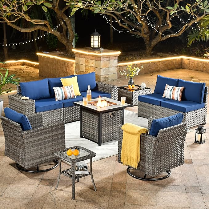 HOOOWOOO Outdoor Patio Sectional Furniture Sofa Set with Fire Pit Table,10 Piece Modern Wicker Couch with Swivel Chairs,Modular Conversation Seating Set with Widened Armrest for Garden(Navy Blue)