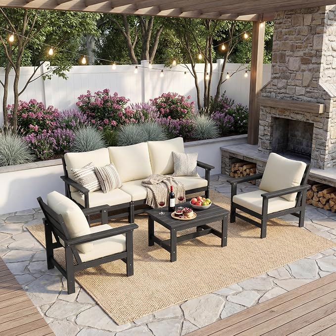 UDPATIO 6 Pieces Patio Furniture Sets HDPE Outdoor Furnitue Modular Sofa Set with Cushion All Weather Conversation Set for Deck Yard Garden Poolside