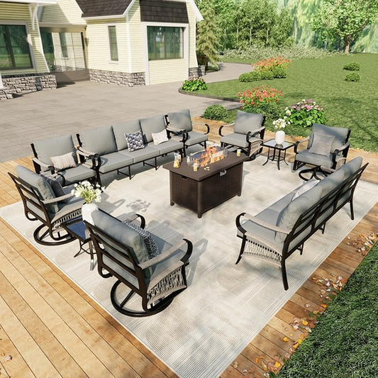 11 Pieces Patio Furniture Set, Metal Outdoor Conversation Sets with Fire Pit Table and Swivel Chairs for Backyard Garden Deck Porch Poolside (Thick Gray Cushions)